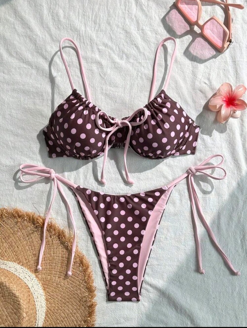 4/ $20 Polka Dot Tie-Side Bikini Set in Chocolate & Light Pink Size 2